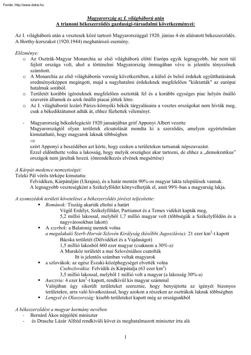 Magyarország az I. világháború után, a trianoni békeszerződés gazdasági-társadalmi