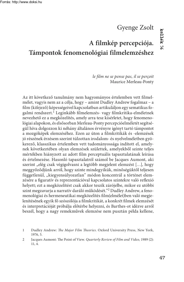 Gyenge Zsolt - A filmkép percepciója, támpontok fenomenológiai filmelemzéshez