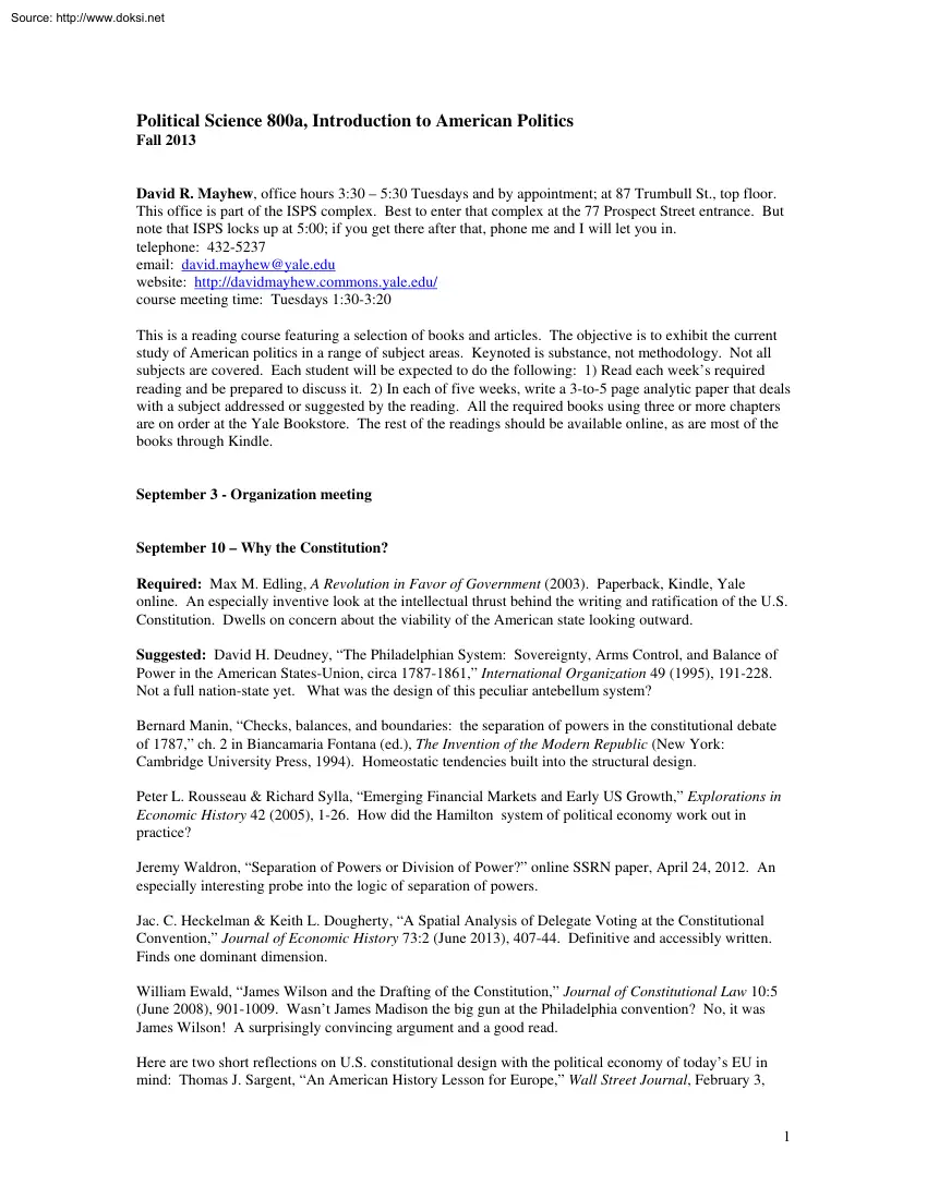 David R. Mayhew - Political Science 800a, Introduction to American Politics, Syllabus