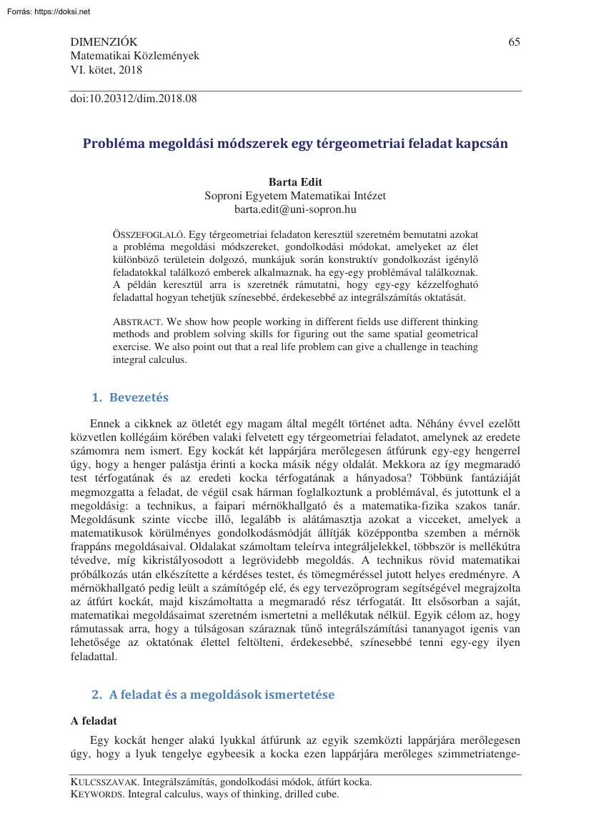 Barta Edit - Probléma megoldási módszerek egy térgeometriai feladat kapcsán