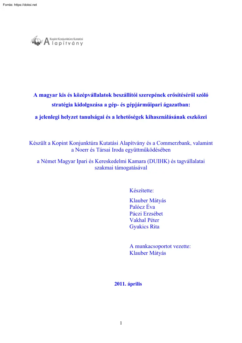 A magyar kis és középvállalatok beszállítói szerepének erősítéséről szóló stratégia