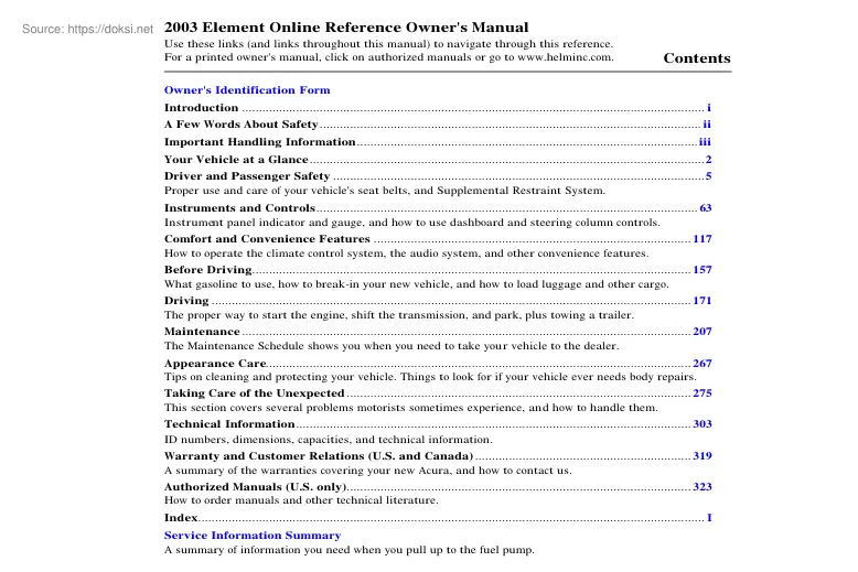 Acura Element 2003, Owners Manual