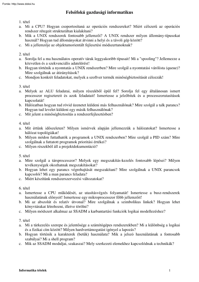 Felsőfokú gazdasági informatikus tételek