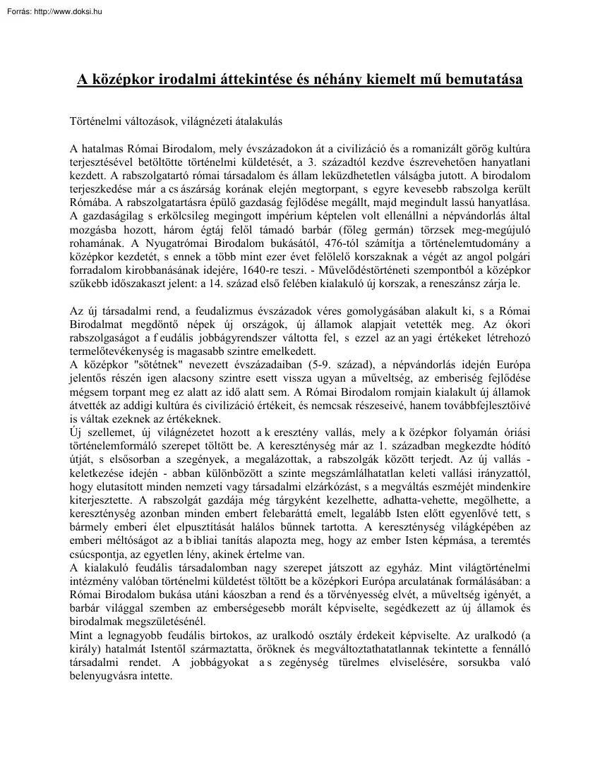 A középkor irodalmi áttekintése és néhány kiemelt mű bemutatása