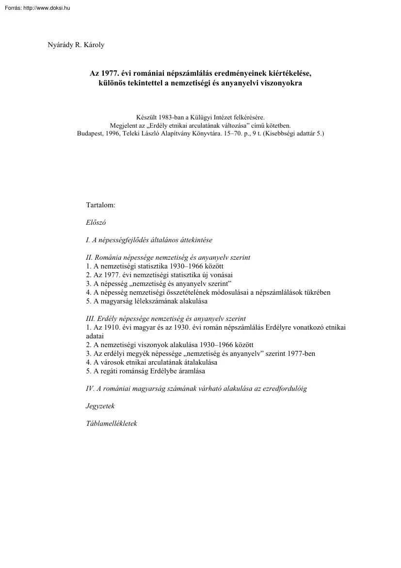 Nyárády R. Károly - Az 1977. évi romániai népszámlálás eredményeinek kiértékelése