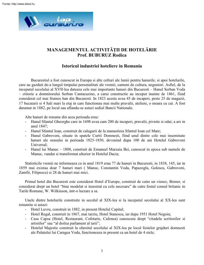 Managementul activitatilor de Hotelarie