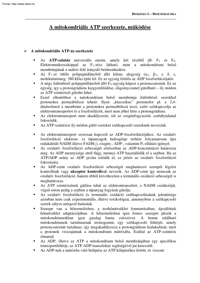 A mitokondriális ATP szerkezete, működése