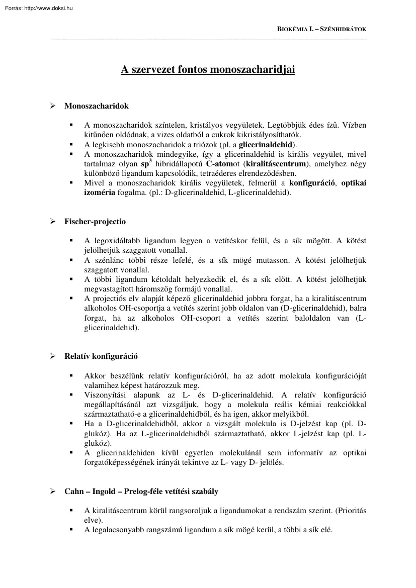 A szervezet fontos monoszacharidjai