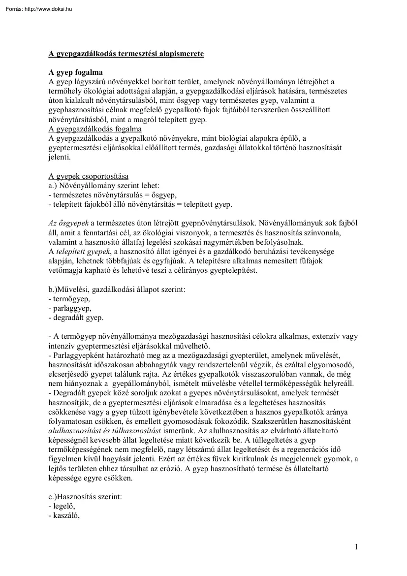 A gyepgazdálkodás termesztési alapismerete