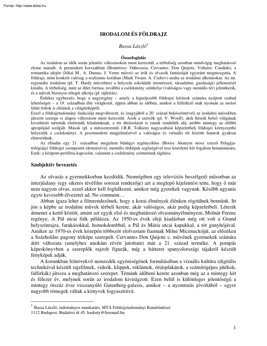 Bassa László - Irodalom és földrajz