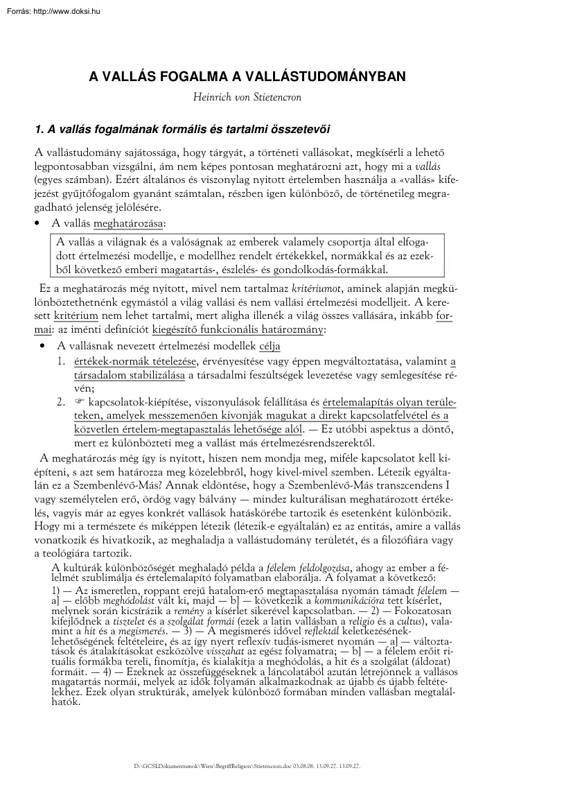 Heinrich von Stietencron - A vallás fogalma a vallástudományban