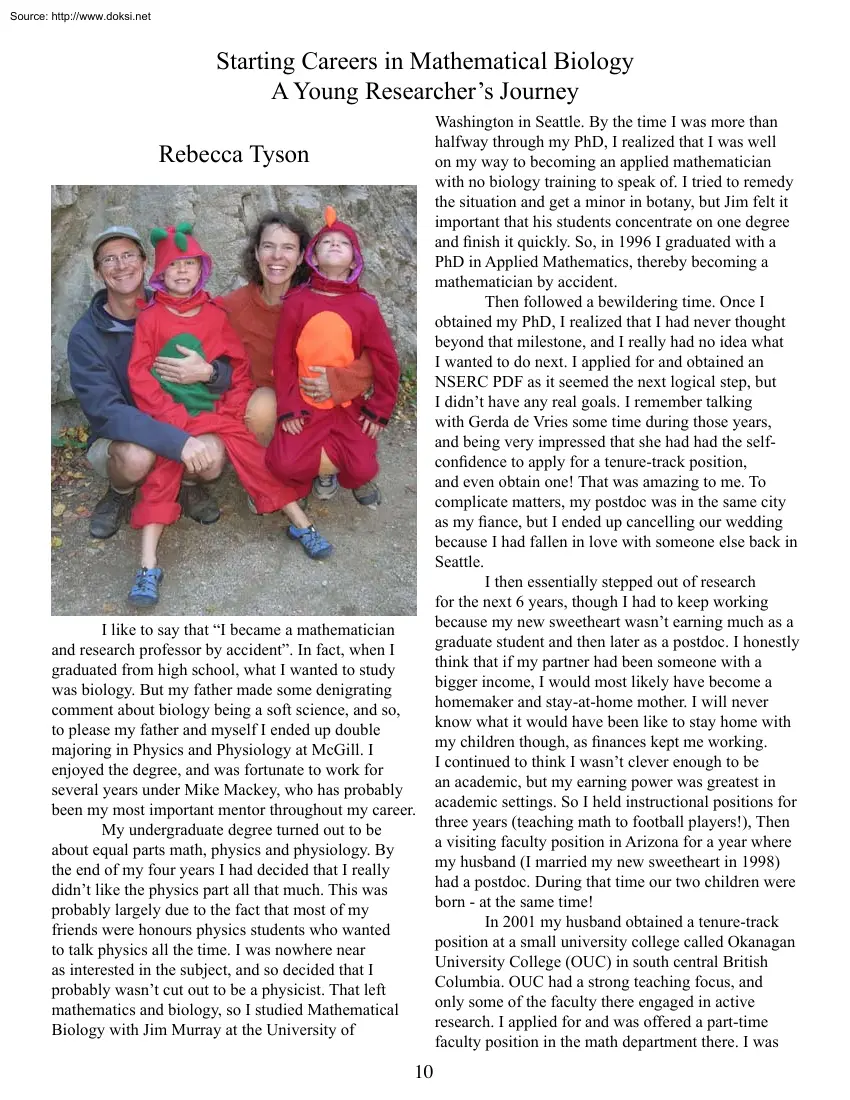 Rebecca Tyson - Starting Careers in Mathematical Biology, A Young Researchers Journey