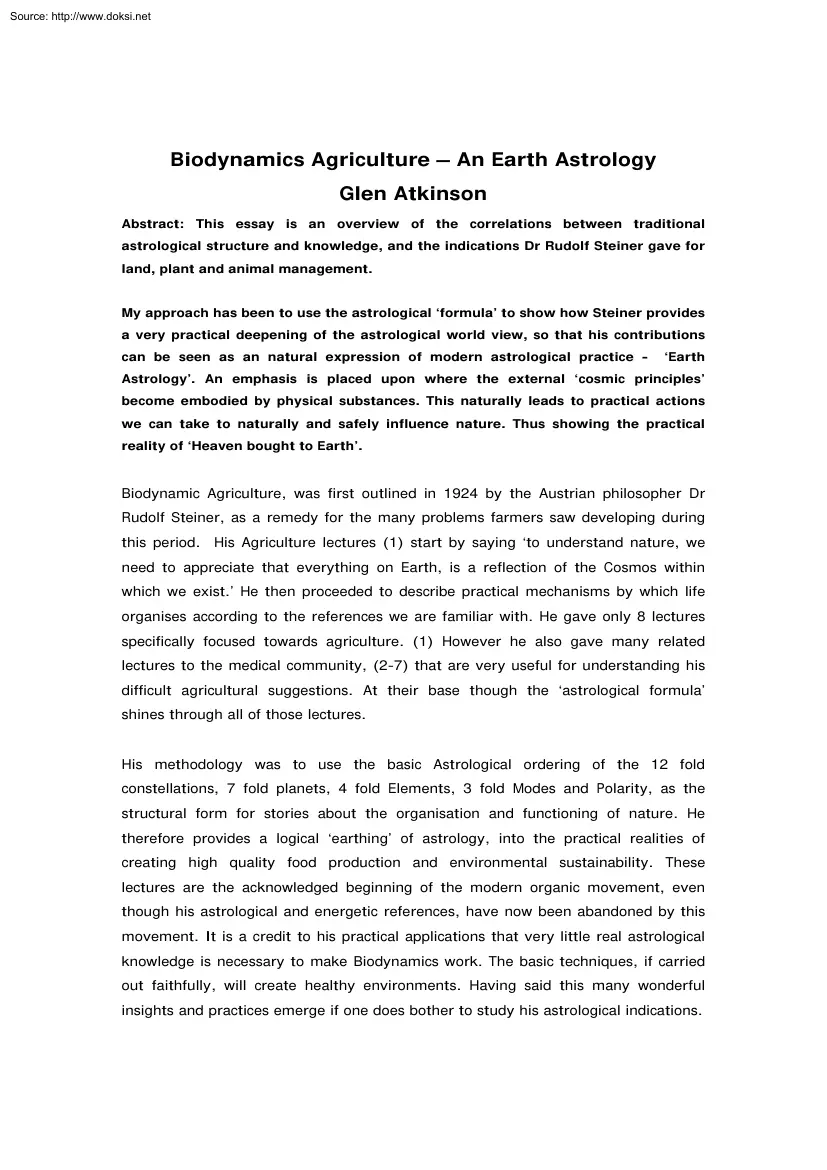 Glen Atkinson - Biodynamics Agriculture, An Earth Astrology