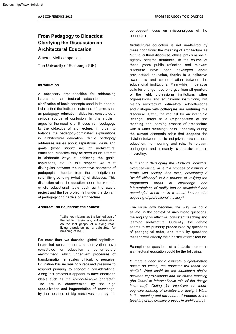 Stavros Melissinopoulos - From Pedagogy to Didactics, Clarifying the Discussion on Architectural