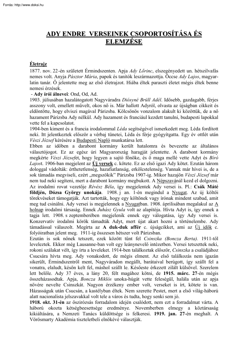 Ady Endre verseinek csoportosítása és elemzése