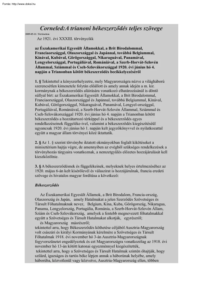 Corneled - A trianoni békeszerződés teljes szövege