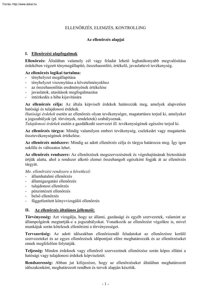 Ellenőrzés, Elemzés, Kontrolling