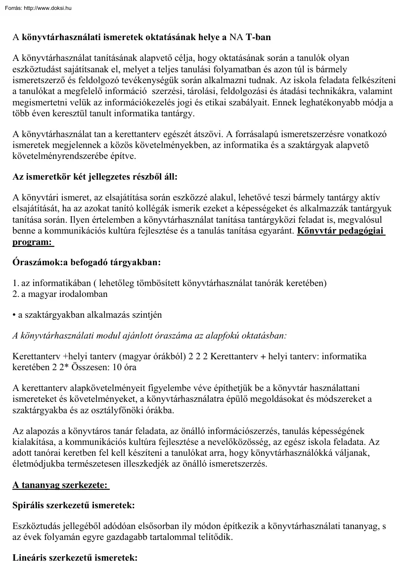 A könyvtárhasználati ismeretek oktatásának helye a NAT-ban