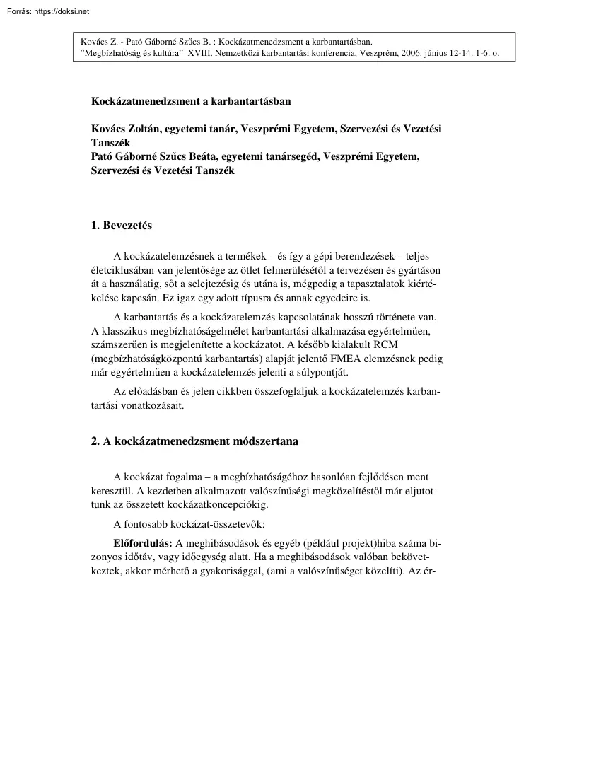 Kovács Zoltán - Kockázatmenedzsment a karbantartásban