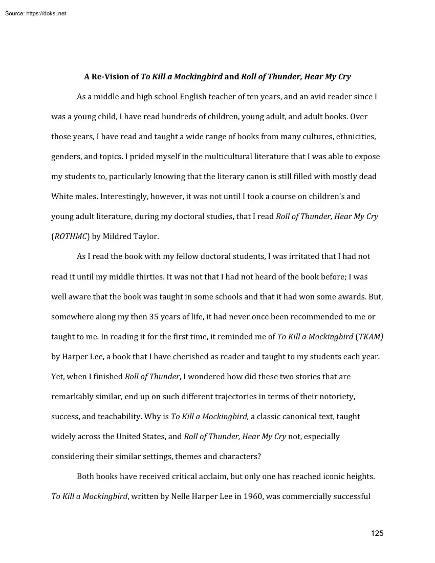 A Re-Vision of To Kill a Mockingbird and Roll of Thunder, Hear My Cry