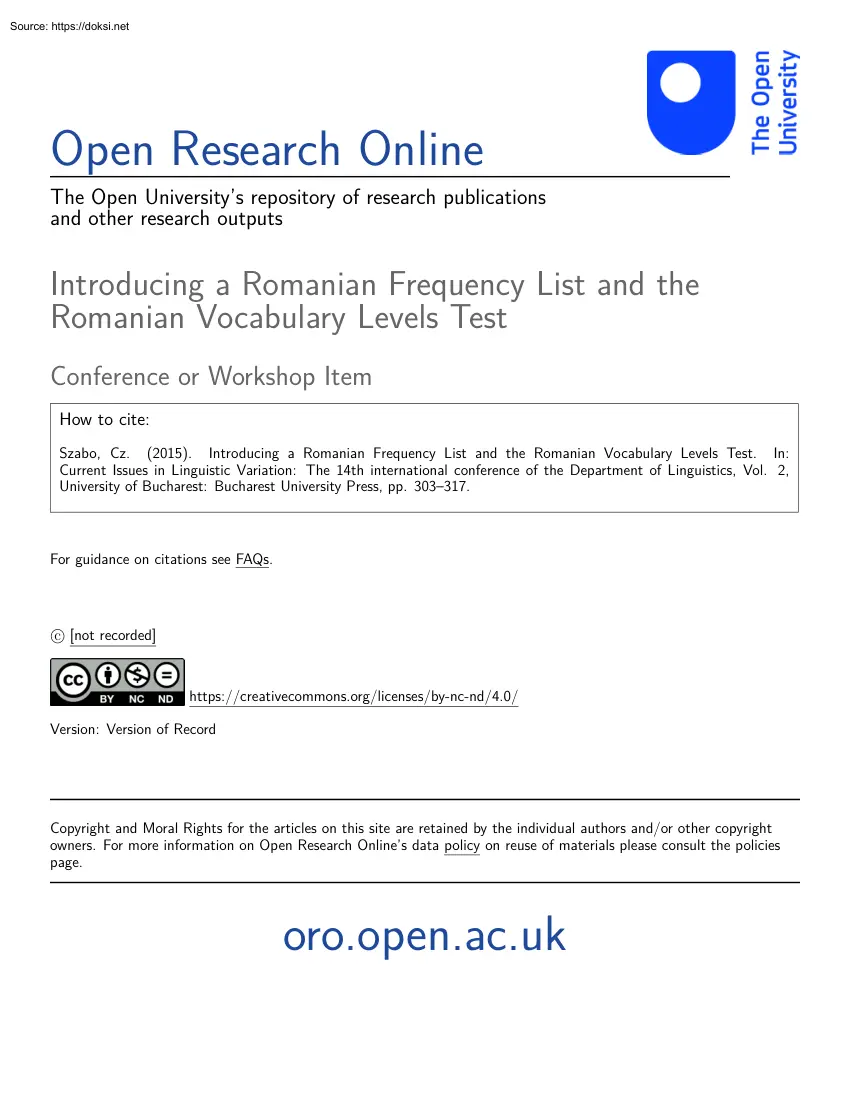 Csaba Z Szabo - Introducing a Romanian Frequency List and the Romanian Vocabulary Levels Test