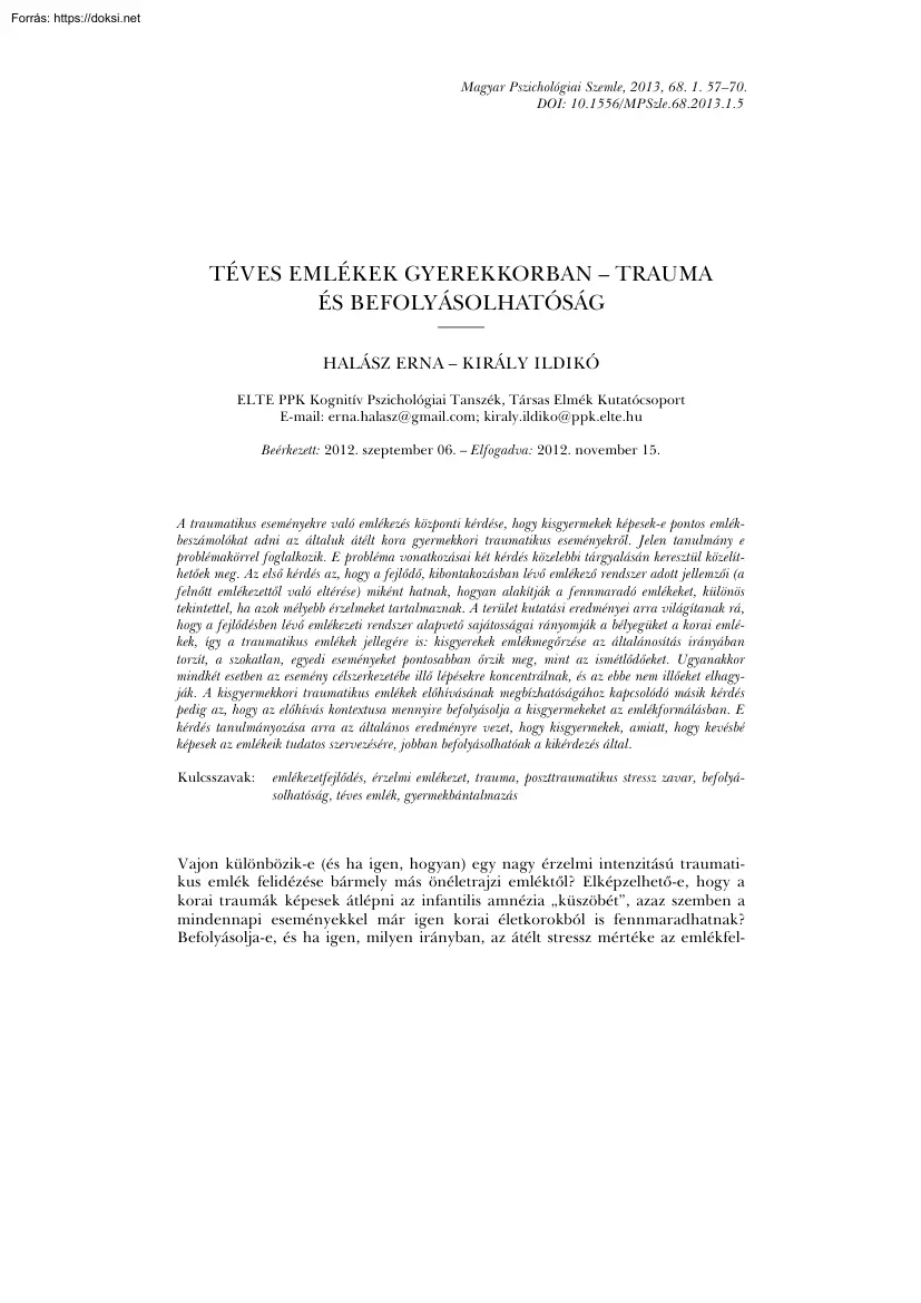Halász-Király - Téves emlékek gyerekkorban, trauma és befolyásolhatóság