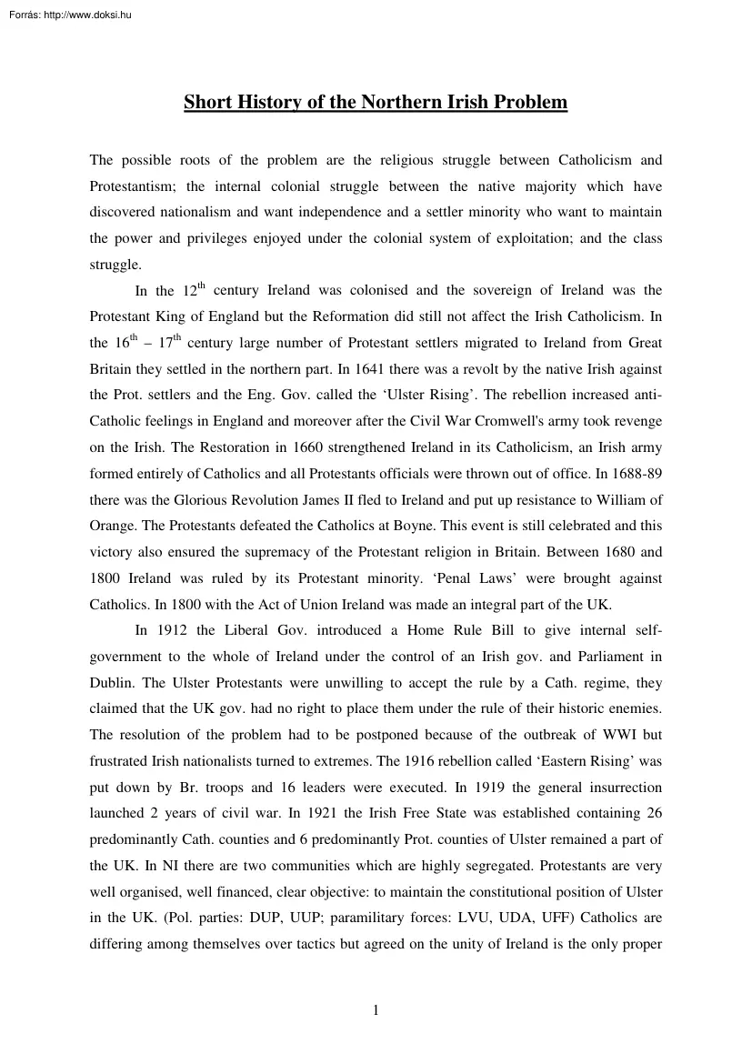 Short History of the Northern Irish Problem