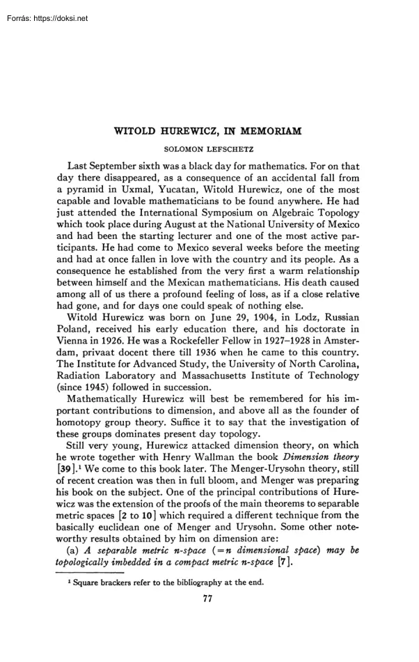Solomon Lefschetz - Witold Hurewicz, In Memoriam