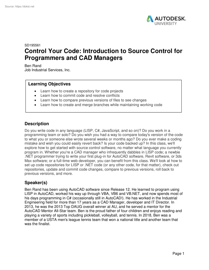 Ben Rand - Control Your Code, Introduction to Source Control for Programmers and CAD Managers