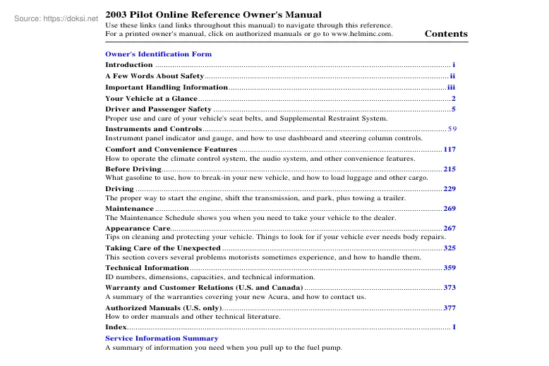 Acura Pilot 2003, Owners manual