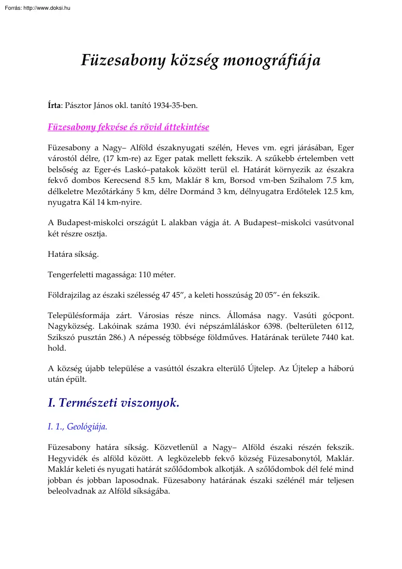 Füzesabony község monográfiája
