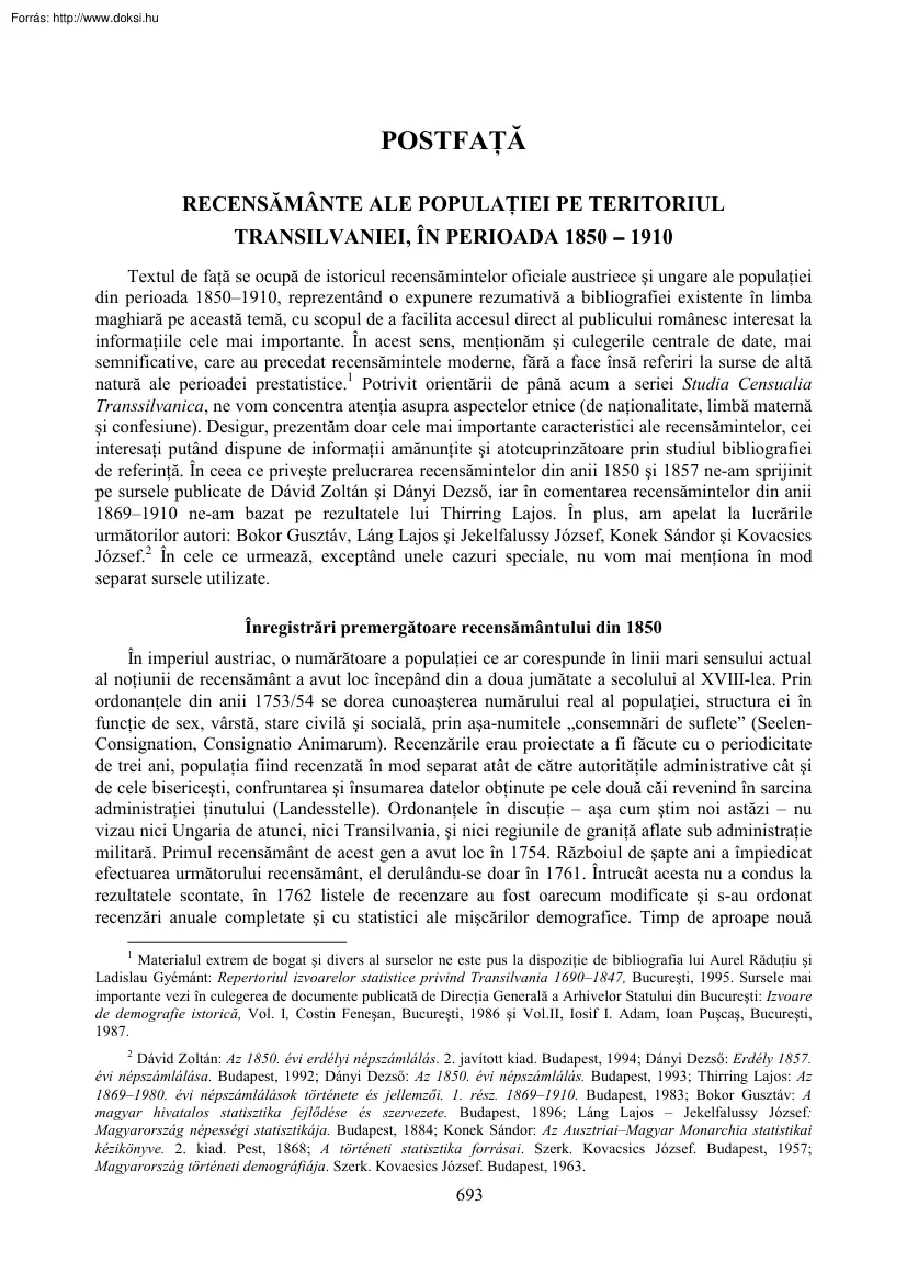 Recensăminte ale populaţiei pe teritoriul Transilvaniei, în perioada 1850-1910