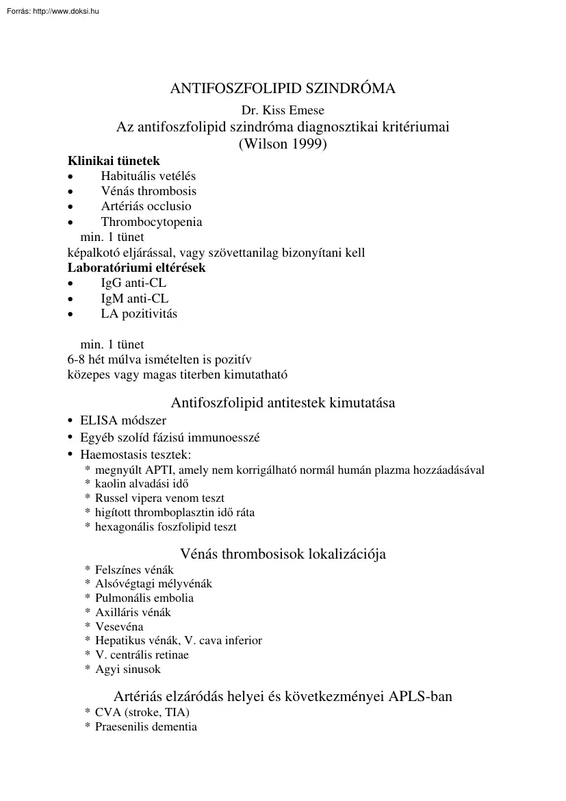 Dr. Kiss Emese - Antifoszfolipid szindróma