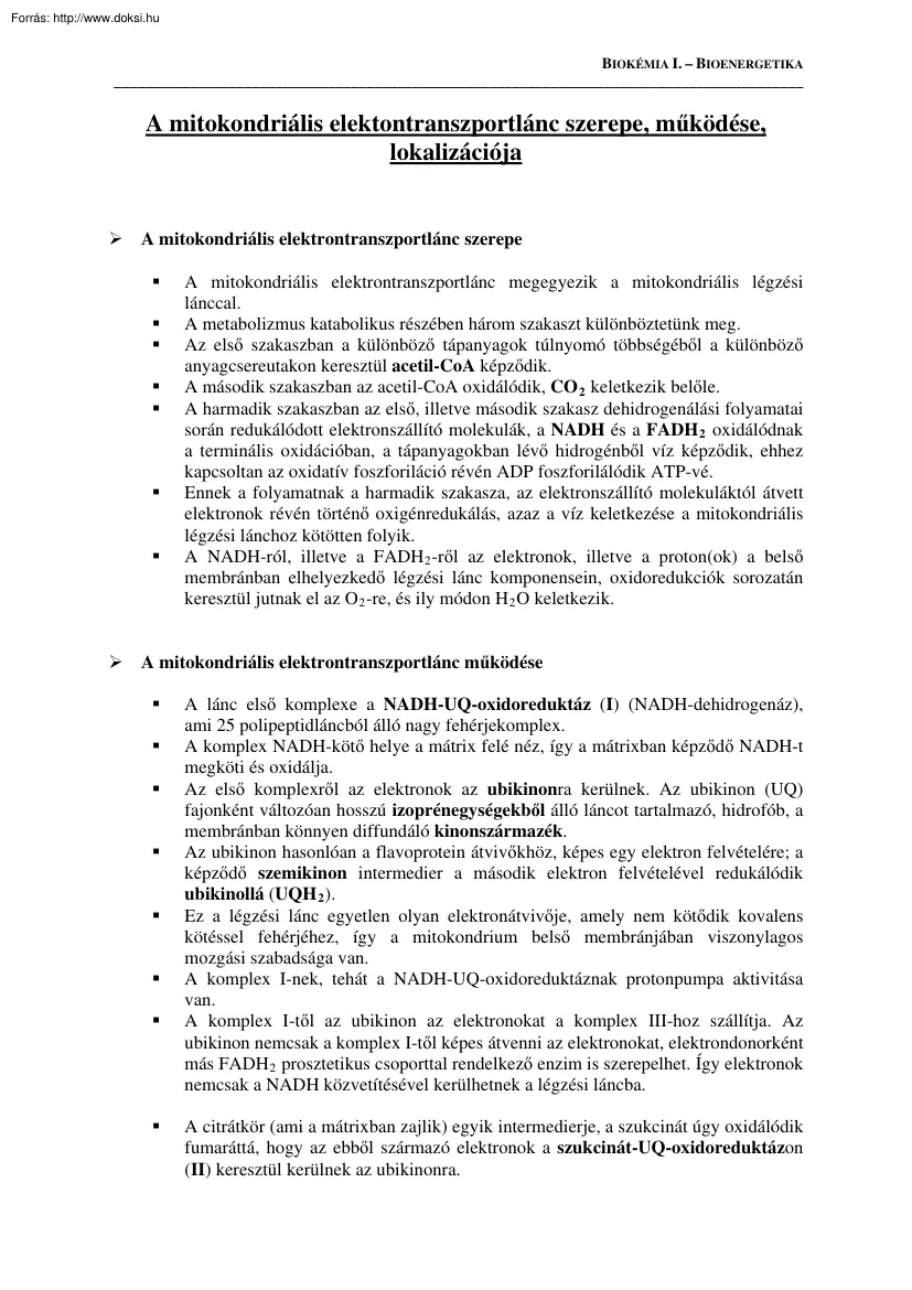 A mitokondriális elektontranszportlánc szerepe, működése, lokalizációja