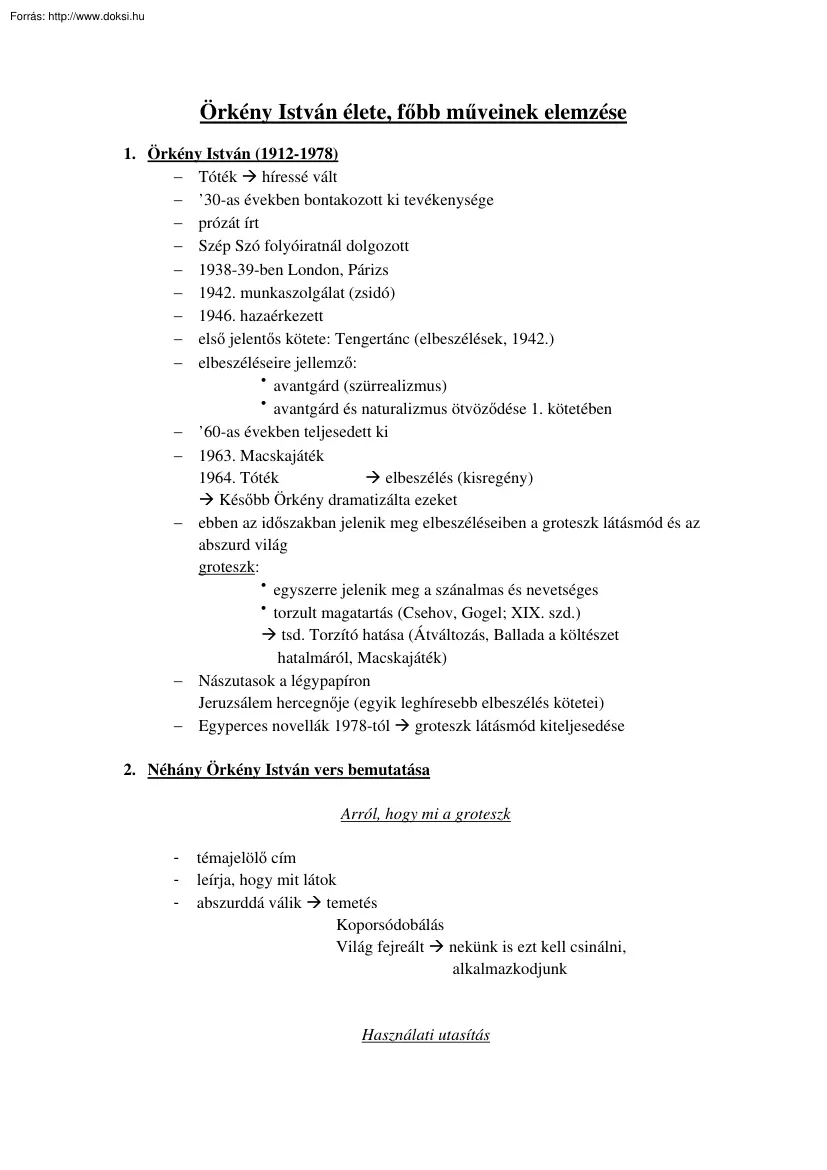 Örkény István élete, főbb műveinek elemzése