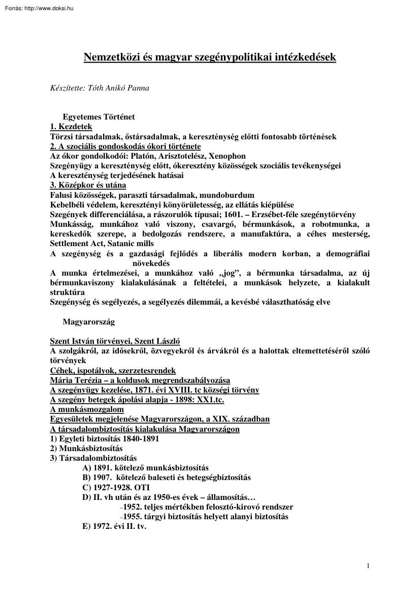 Nemzetközi és magyar szegénypolitikai intézkedések
