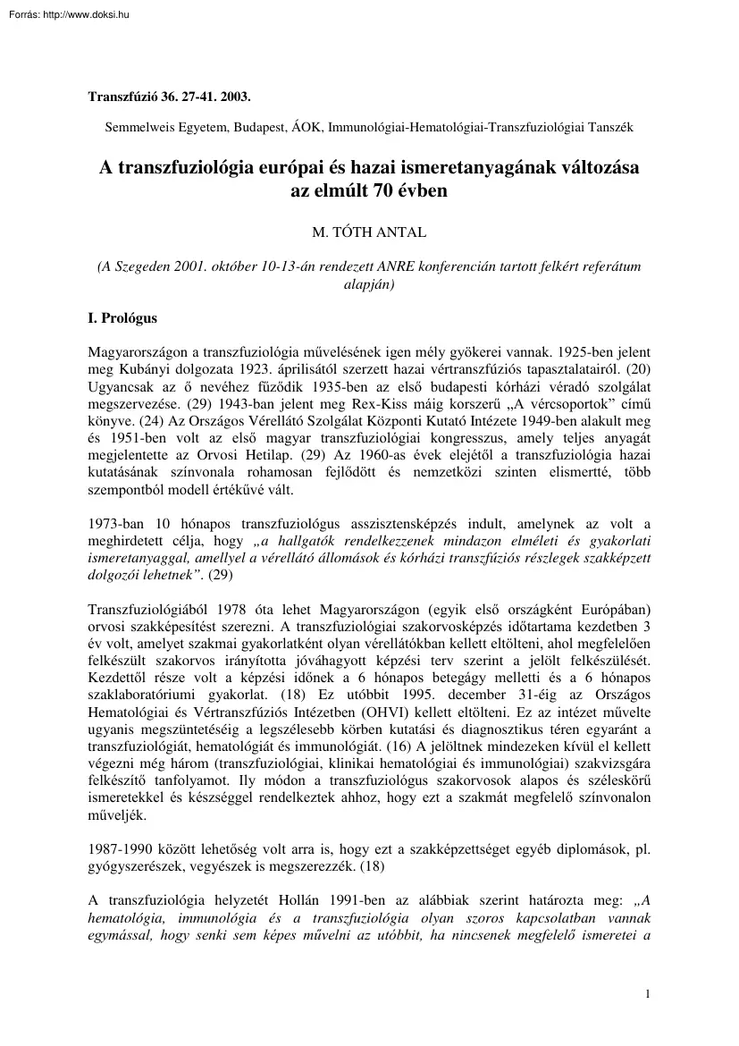 M. Tóth Antal - A transzfuziológia európai és hazai ismeretanyagának változása az elmúlt 70