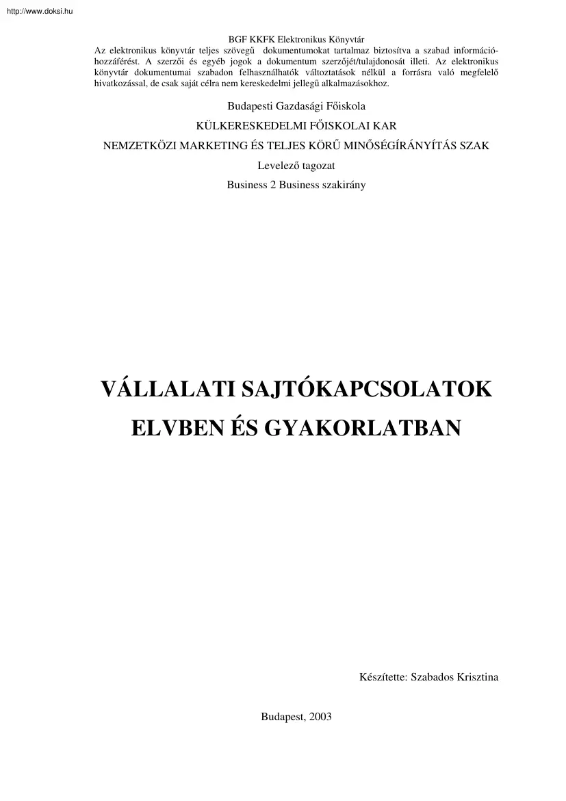 Szabados Krisztina - Vállalati sajtókapcsolatok elvben és gyakorlatban