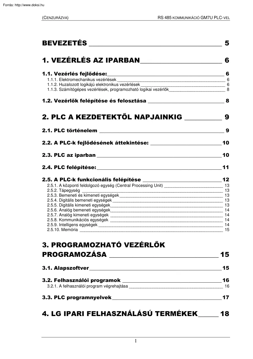RS 485 kommunikáció GM7U PLC-vel, Modbus protokoll