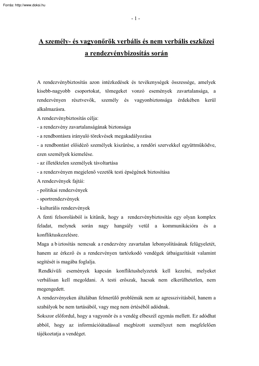 A személy- és vagyonőrök verbális és nem verbális eszközei a rendezvénybizosítás során