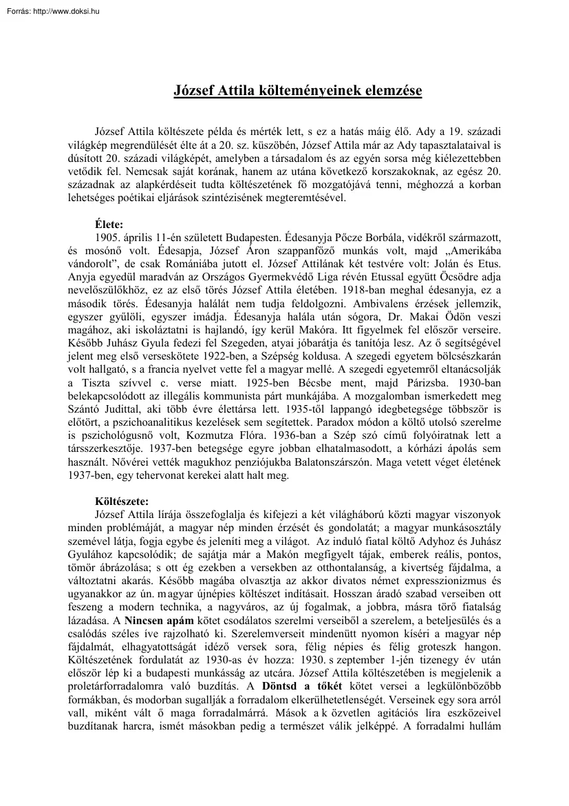 József Attila költeményeinek elemzése