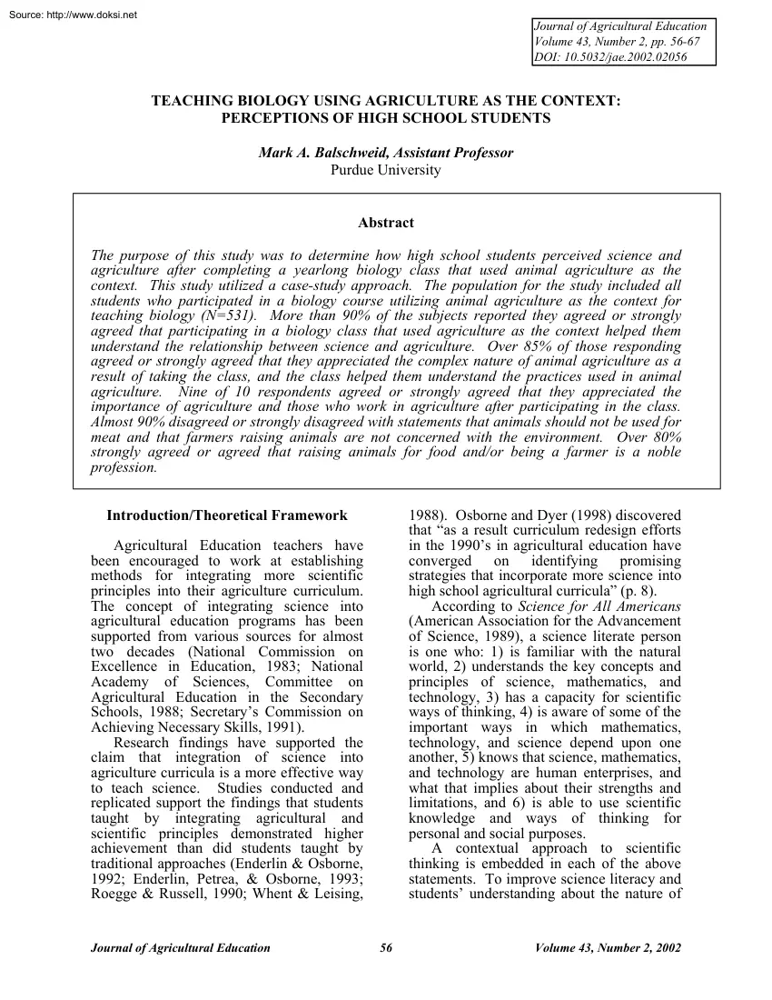 Mark A. Balschweid - Teaching Biology using agriculture as the context, perceptions of High School