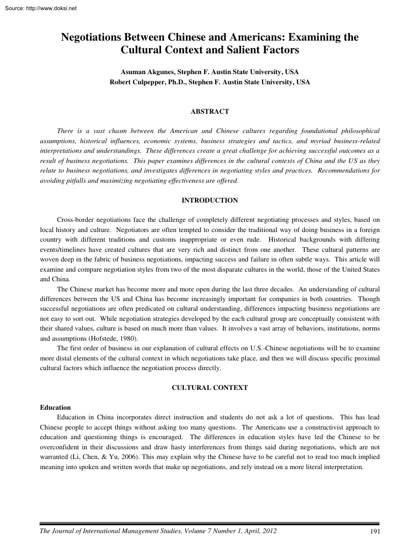 Akgunes-Culpepper - Negotiations Between Chinese and Americans, Examining the Cultural Context and