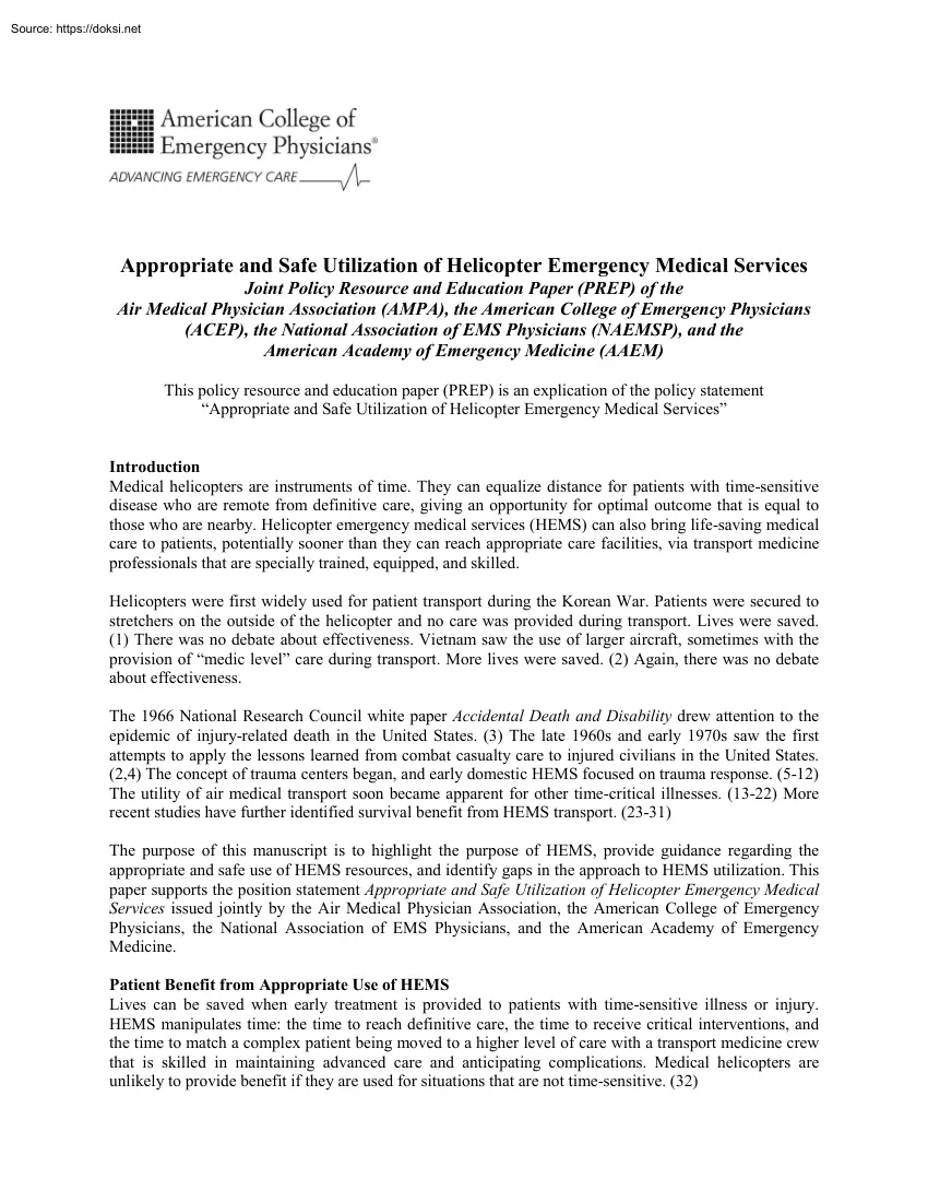 Appropriate and Safe Utilization of Helicopter Emergency Medical Services