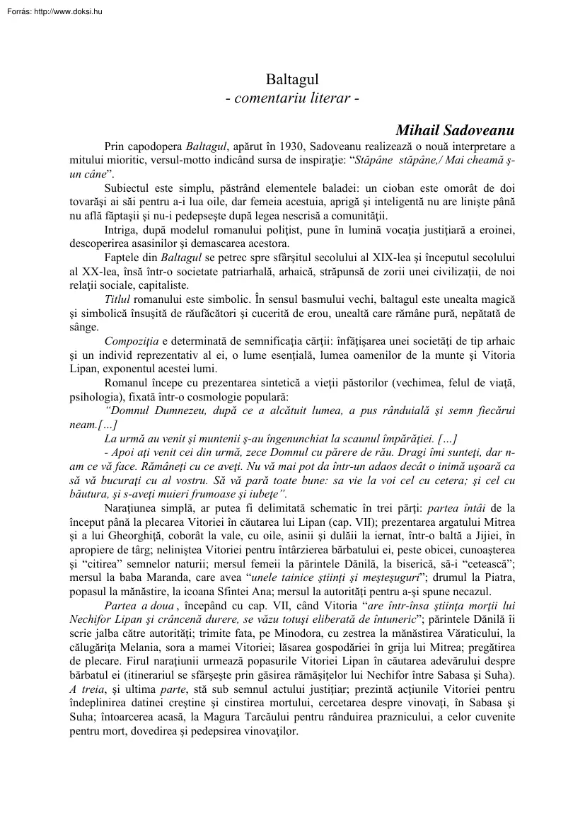 Mihail Sadoveanu - Baltagul, comentariu literar