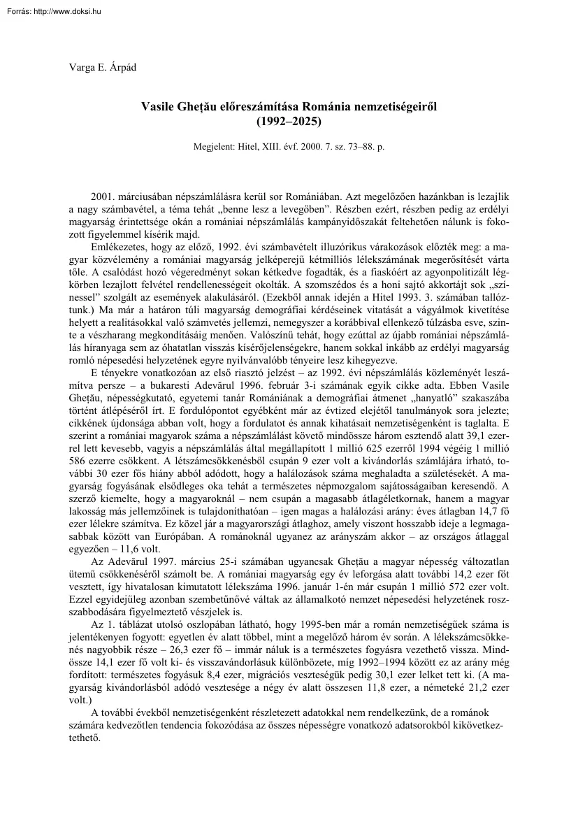 Varga E. Árpád - Vasile Ghetău előreszámítása Románia nemzetiségeiről (1992-2025)
