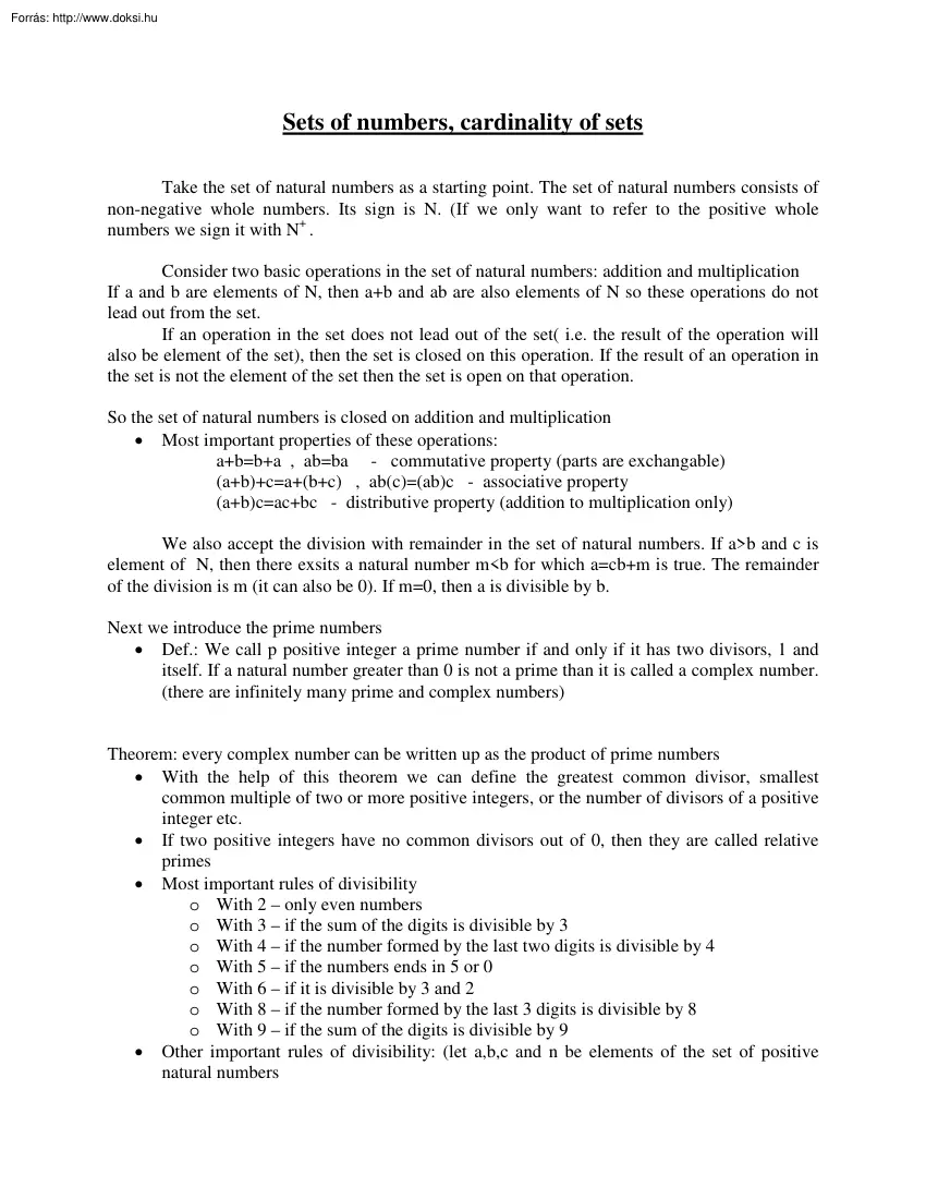 Sets of numbers, cardinality of sets