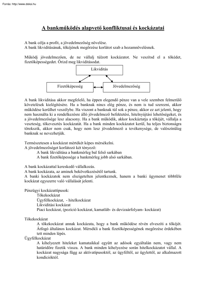 A bankműködés alapvető konfliktusai és kockázatai