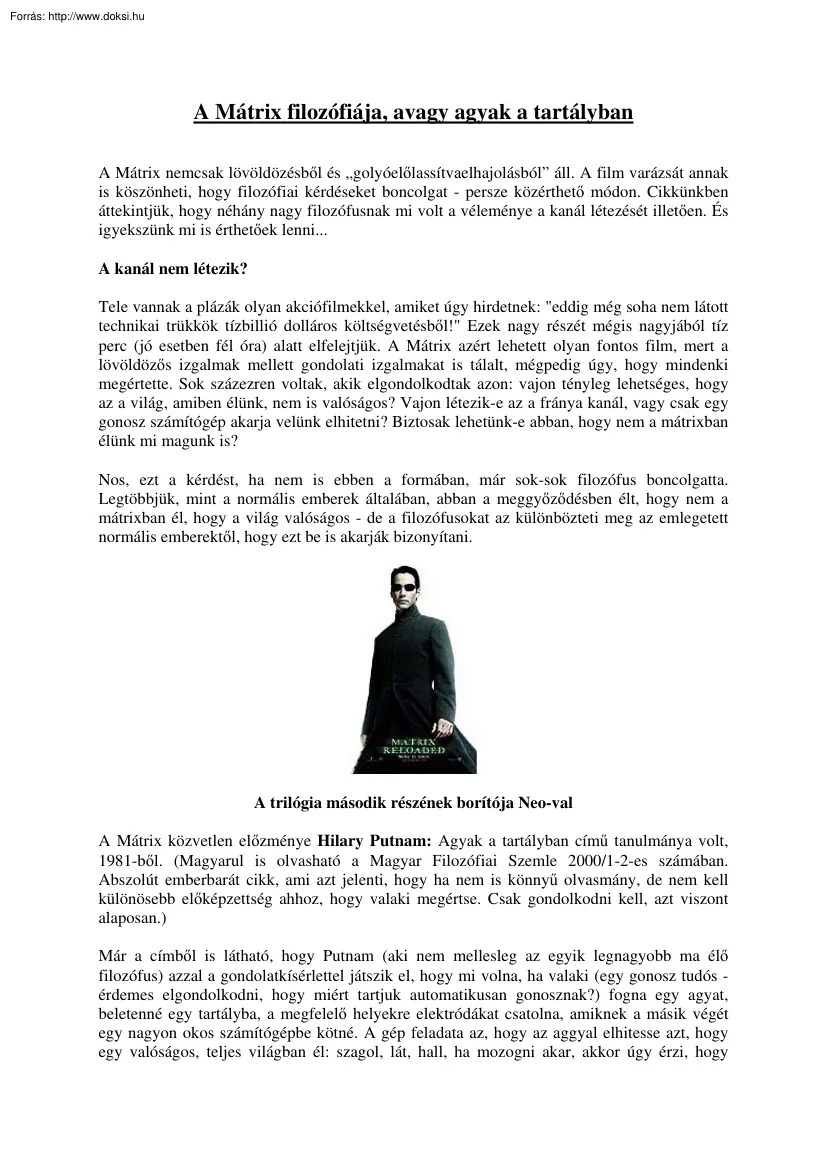 A Mátrix filozófiája, avagy agyak a tartályban