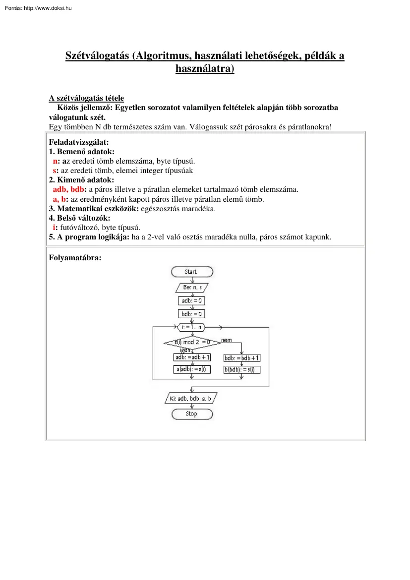 Szétválogatás (algoritmus, használati lehetőségek, példák a használatra)